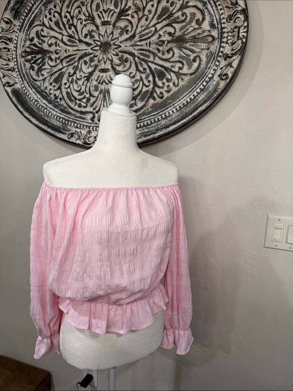 Off-Shoulder Pink Women's Top - Lightweight Ruffled Hem